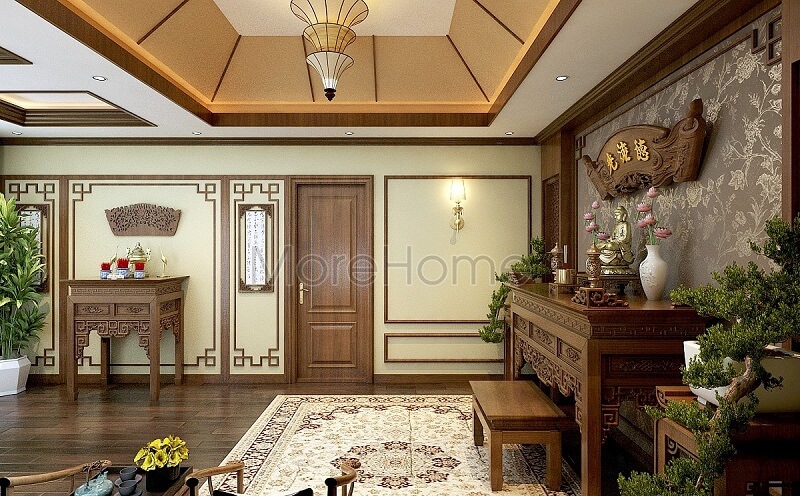 Mẫu thiết kế nội thất phòng thờ đẹp với  gam màu nâu sang trọng, trang nhã