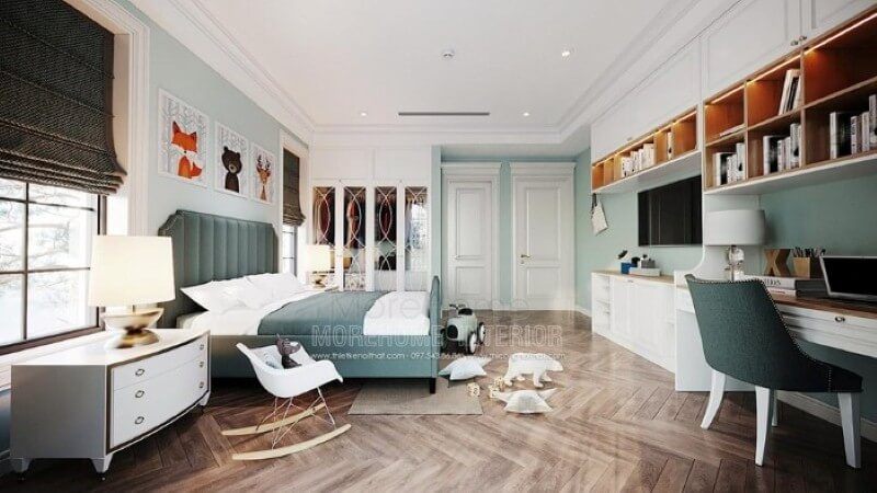 Giường ngủ bọc nệm đẹp nổi bật với sắc xanh kết hợp cùng gam trắng nhẹ nhàng tạo điểm nhấn ấn tượng cho phòng con.